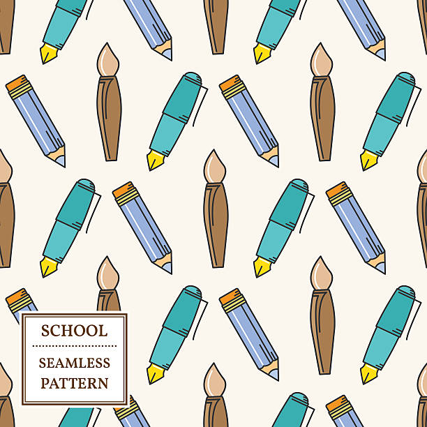 ilustraciones, imágenes clip art, dibujos animados e iconos de stock de patrón de suministros escolares o de oficina sin interrupciones. - single line in a row ink pen