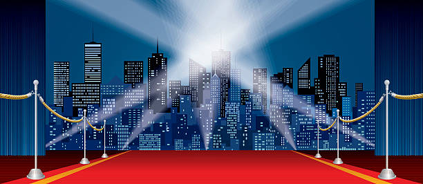 wide city stage wide horizontal stage, blue curtain, red carpet, cityscape skylines red carpet stock illustrations