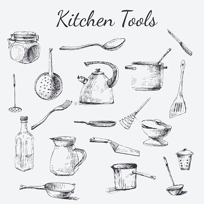 Vector hand drawn kitchen tools. Black and white vintage kitchen tools made with ink for your paper, polygraphy, fabric, web design
