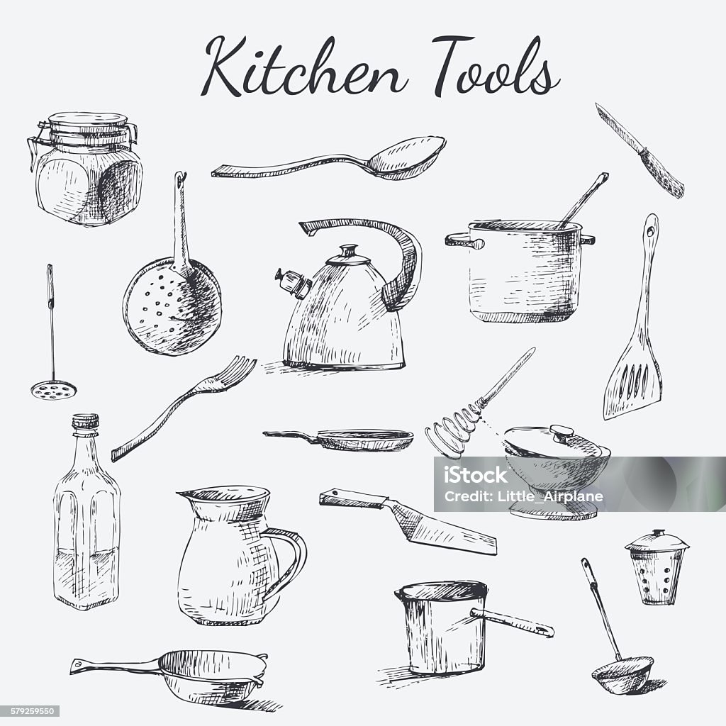 kitchen tool set Vector hand drawn kitchen tools. Black and white vintage kitchen tools made with ink for your paper, polygraphy, fabric, web design Drawing - Activity stock vector