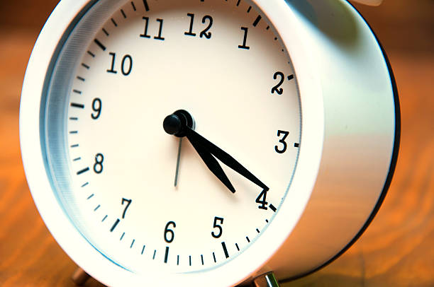 istock White alarm clock isolated on wooden background 579262870