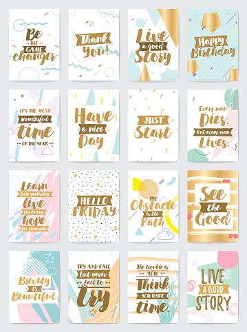 Creative cards with inspirational quotes on abstract geometric backgrounds. Thank you, happy birthday, etc. Trendy hipster style. Motivational text. Greeting cards, invitations, posters.