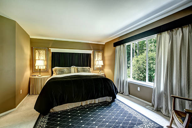 istock Brown elegant bedroom interior with black bed and cheetah pillow 579264510