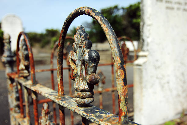 grades metálicas enferrujadas com padrão de flora no cemitério - bali hai - fotografias e filmes do acervo