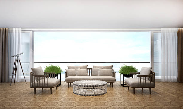 istock 3d rendering living room and sea view 579403648