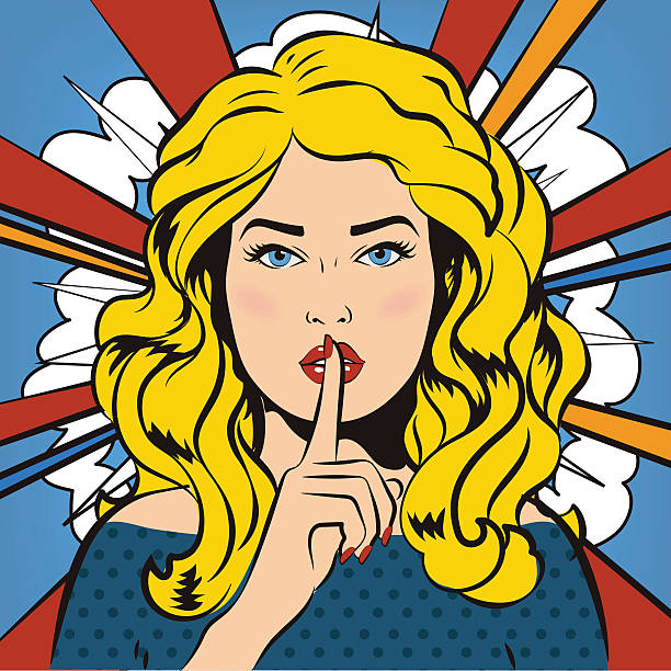 여자는 침묵을 위해 쉬를 말한다. 만화 스타일. 그것은 비밀입니다! - finger on lips shhhh privacy whispering stock illustrations