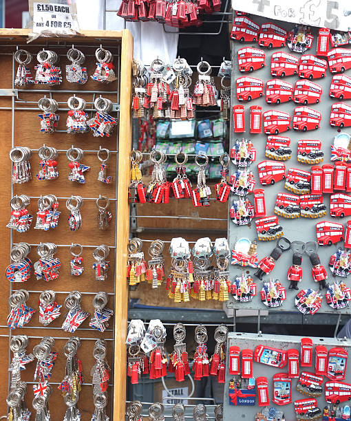 Group of London themed tourist gifts Group of London themed tourist gifts on outdoor display in Covent Garden, London London Memorabilia stock pictures, royalty-free photos & images