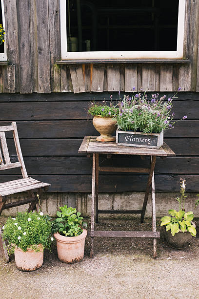 istock Rural scene with flowers and wooden table 579405716