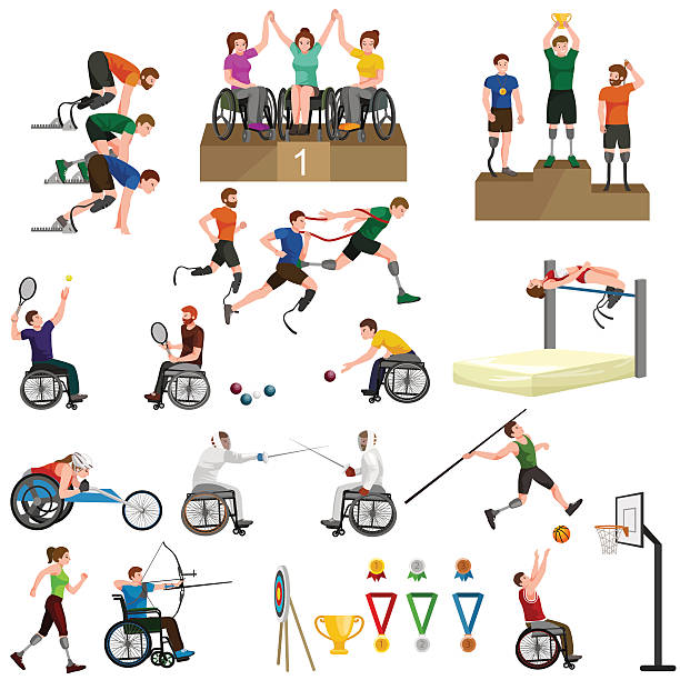핸디캡 스포츠 패럴림픽 경기 스틱 피겨 픽토그램 아이콘 을 비활성화 - physical impairment athlete sports race wheelchair stock illustrations