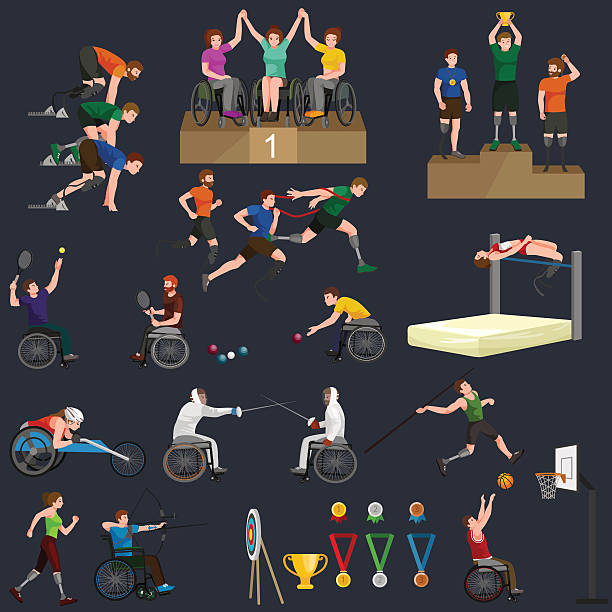 deaktivieren handicap sport paralympics stick figur piktogramm icons - men chair wheelchair sport stock-grafiken, -clipart, -cartoons und -symbole