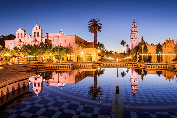 San Diego, CA, USA - February 25, 2016: The Plaza de Panama in Balboa Park at night. The park was established in 1868 and is renown for several architectural landmarks left as permanent additions from past expositions.