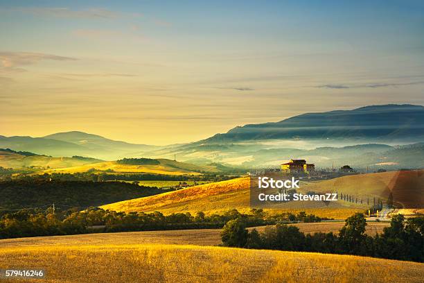 Tuscany Spring Rolling Hills On Sunset Rural Landscape Green Stock Photo - Download Image Now