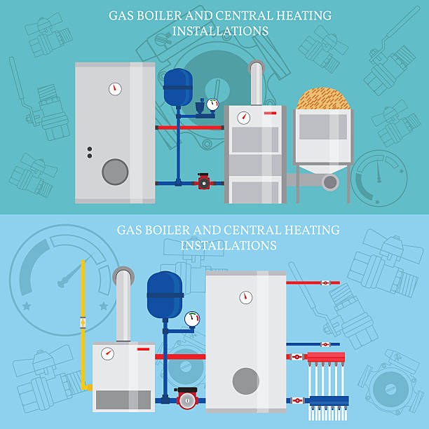 가스 보일러 및 중앙 난방 설비, 평평한 난방 콘시 - gas boiler illustrations stock illustrations