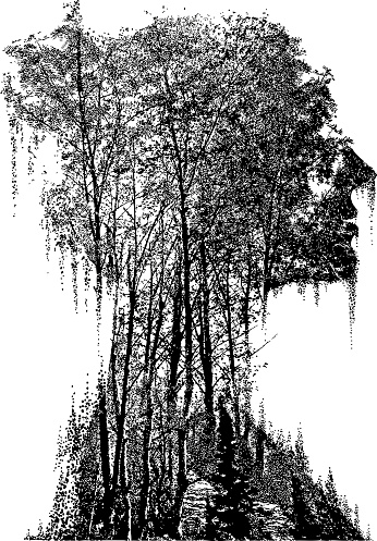 Multiple exposure vector of woman morphing into trees and mountains and water. Isolated on white.