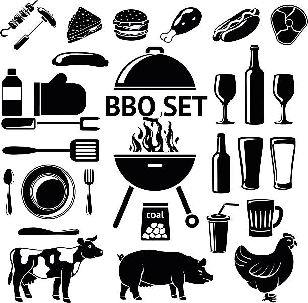 바베큐 파티에 대한 벡터 설정입니다. 그릴, 음료, 악기, 육류 종류 - spit roasted pig roasted food stock illustrations