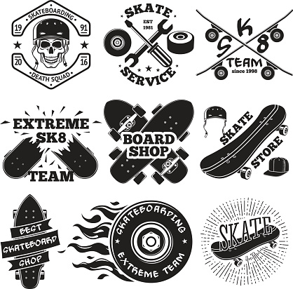 Set of skateboarding labels - skull in helmet, repair shop, skate team, board shop, etc. Vector illustration