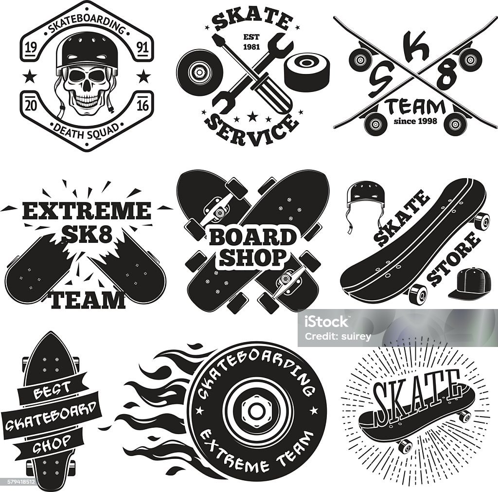 Set of skateboarding labels - skull in helmet, repair, skate Set of skateboarding labels - skull in helmet, repair shop, skate team, board shop, etc. Vector illustration Skateboarding stock vector