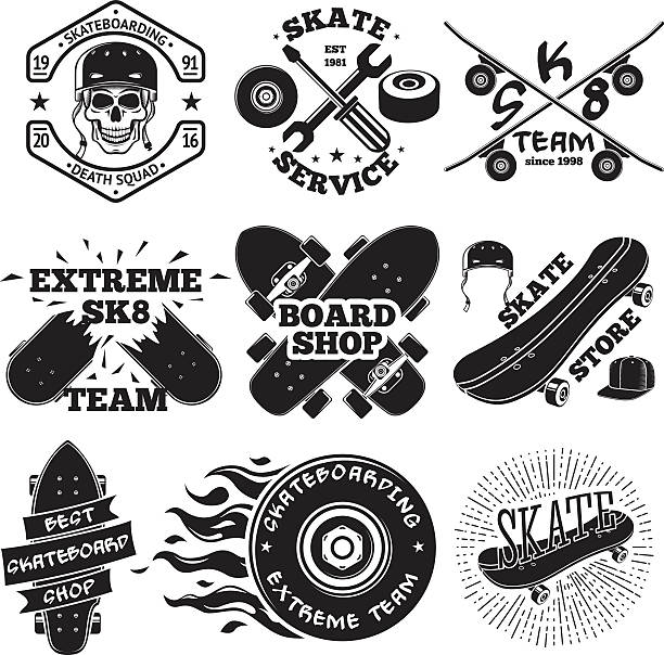 Set of skateboarding labels - skull in helmet, repair, skate Set of skateboarding labels - skull in helmet, repair shop, skate team, board shop, etc. Vector illustration skateboard tattoo stock illustrations