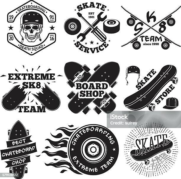 Set Of Skateboarding Labels Skull In Helmet Repair Skate Stock Illustration - Download Image Now