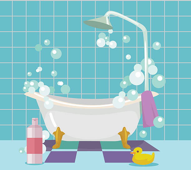 stockillustraties, clipart, cartoons en iconen met bathroom interior. vector flat cartoon illustration - hotel shampoo