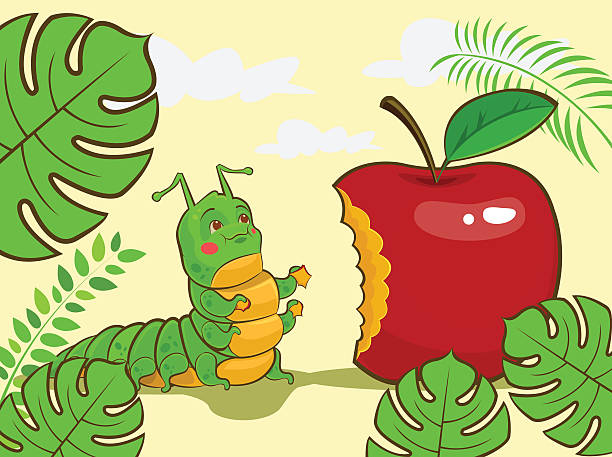 ilustrações, clipart, desenhos animados e ícones de personagem da lagarta comendo maçã vermelha. ilustração de desenho animado vetorial - rotting apple fruit missing bite