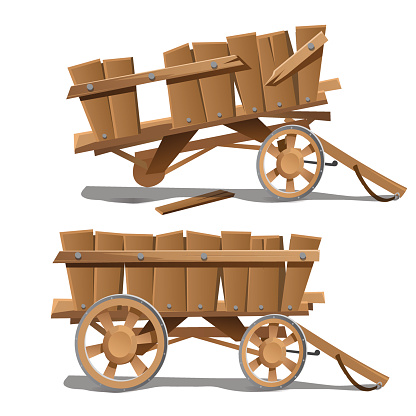 Two images of old wooden carts, new and broken. Vector illustration