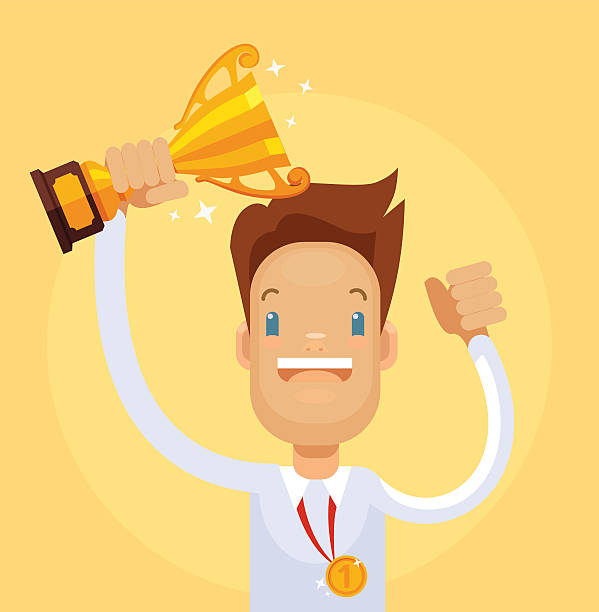 istock Businessman winner character hold gold cup 579419460