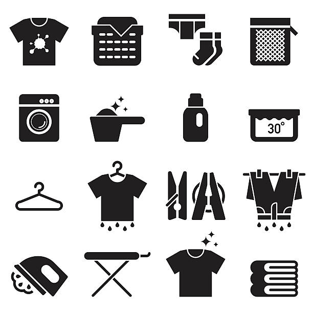 illustrazioni stock, clip art, cartoni animati e icone di tendenza di icone lavanderia [black edition] - iron laundry cleaning ironing board