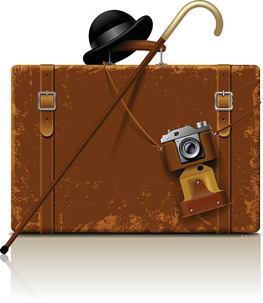 ilustrações de stock, clip art, desenhos animados e ícones de suitcase with walking stick, bowler hat and retro photo camera - camera engraving old retro revival