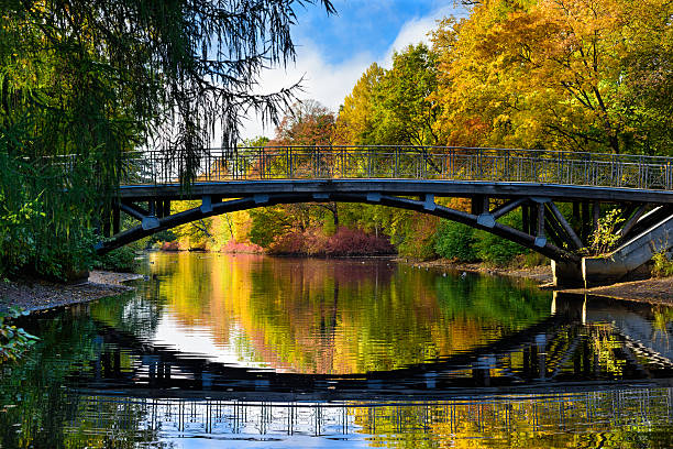 istock Colorful autumn in the park, old bridge, water reflection. 579423326