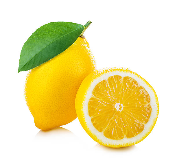istock Lemon with green leaf isolated on white background 579423684