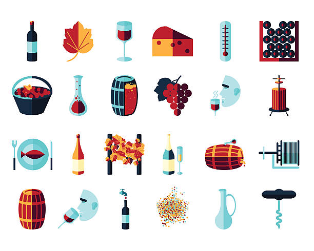 illustrazioni stock, clip art, cartoni animati e icone di tendenza di icone del vino di colore piatto - bottling plant winery wine industry