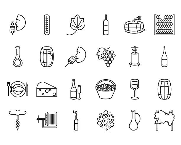 ilustraciones, imágenes clip art, dibujos animados e iconos de stock de iconos de vino de línea - cheese wine white background grape