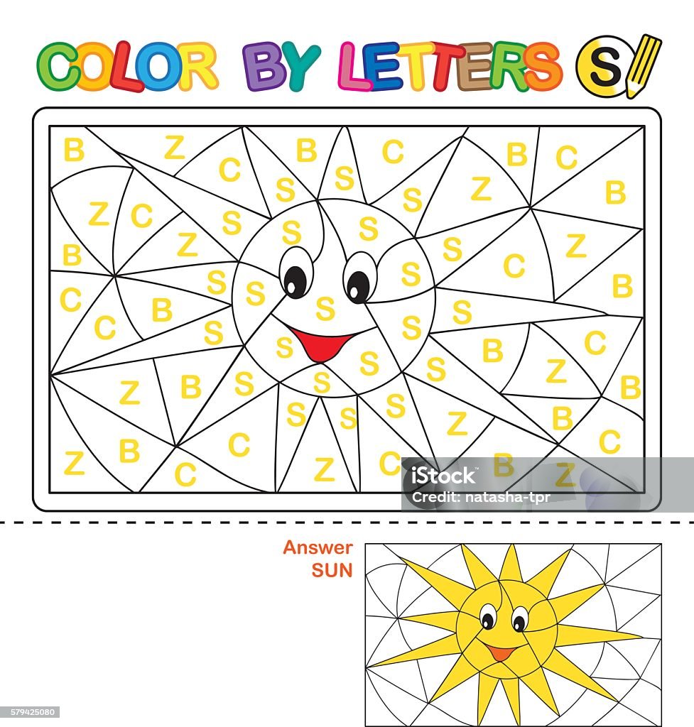 Puzzle for kids. Color by letters. Vector coloring book for children. We study capital letters of the English alphabet. Letter S. Sun 2-3 Years stock vector