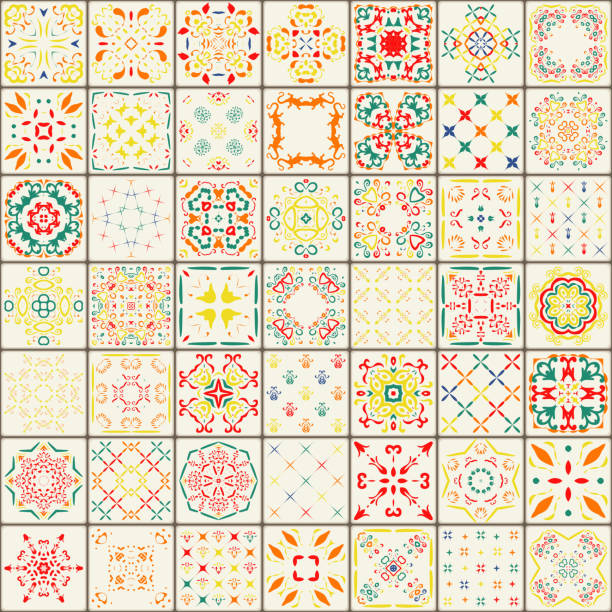 Seamless tile pattern. Oriental tile pattern. Portuguese tile pattern. Seamless tile pattern. Colorful boho pattern. Ornament pattern. Square flower pattern. Unusual pattern vector. Oriental tile pattern. Pattern design elements. Portuguese tile pattern. mexican tile cross stock illustrations