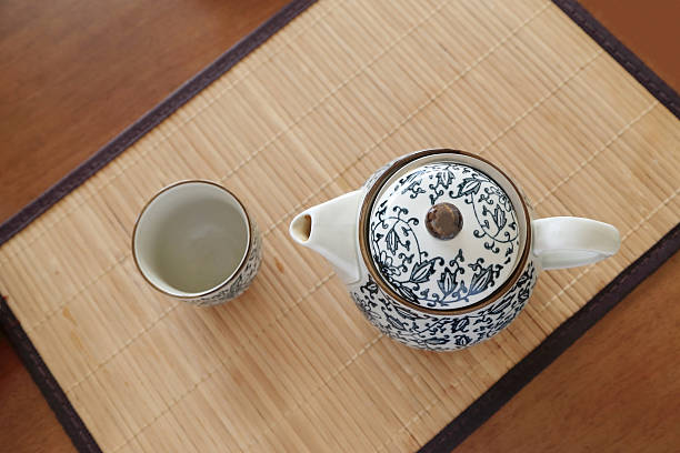 istock Chinaware blue and white porcelain teapot and empty cup. 579427144