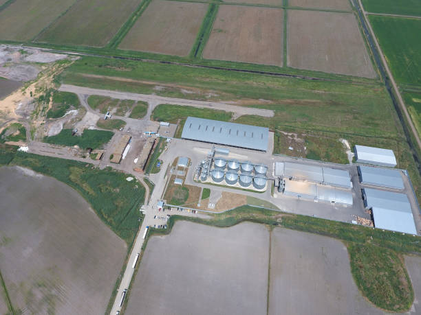 istock Plant for the drying and storage of grain. Top view. 579427482