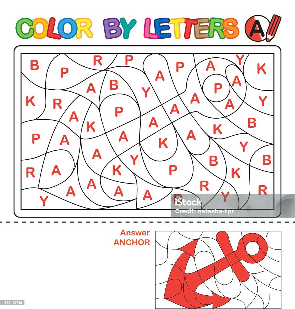 Puzzle for kids. Color by letters. Vector coloring book for children. We study capital letters of the English alphabet. Letter A. Anchor Maze stock vector