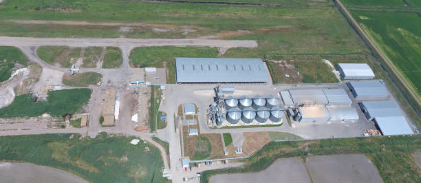 istock Plant for the drying and storage of grain. Top view. 579427764
