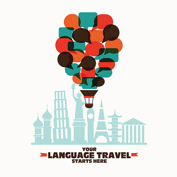 Hot air balloon made of speech bubbles over famous monuments Vector illustration of a communication concept with inscription: "Your language travel starts here". Hot air balloon made of speech bubbles over famous monuments urban dictionary stock illustrations