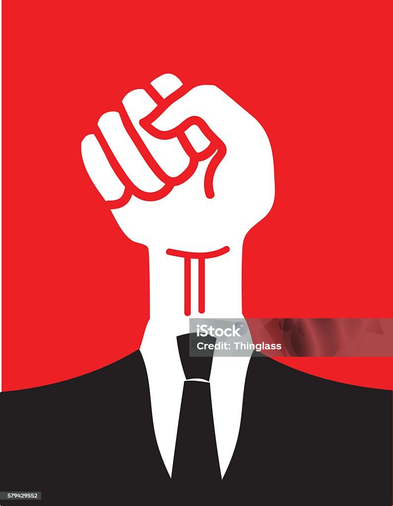 Clenched Fist in a Suit A raised clenched fist wearing a black suit and tie as a metaphor for white collar workers who want rights and respect in the workplace Full Suit stock vector