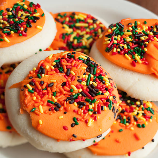 istock Halloween decorated shortbread cookies on plate 579430074
