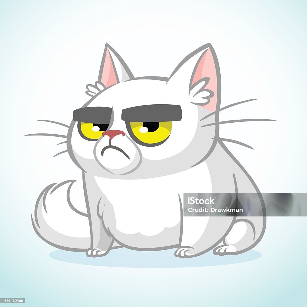 Vector illustration of grumpy white cat. Cute fat cartoon cat Vector illustration of grumpy white cat. Cute fat cartoon cat with a grumpy expression isolated. Cat icon Animal stock vector