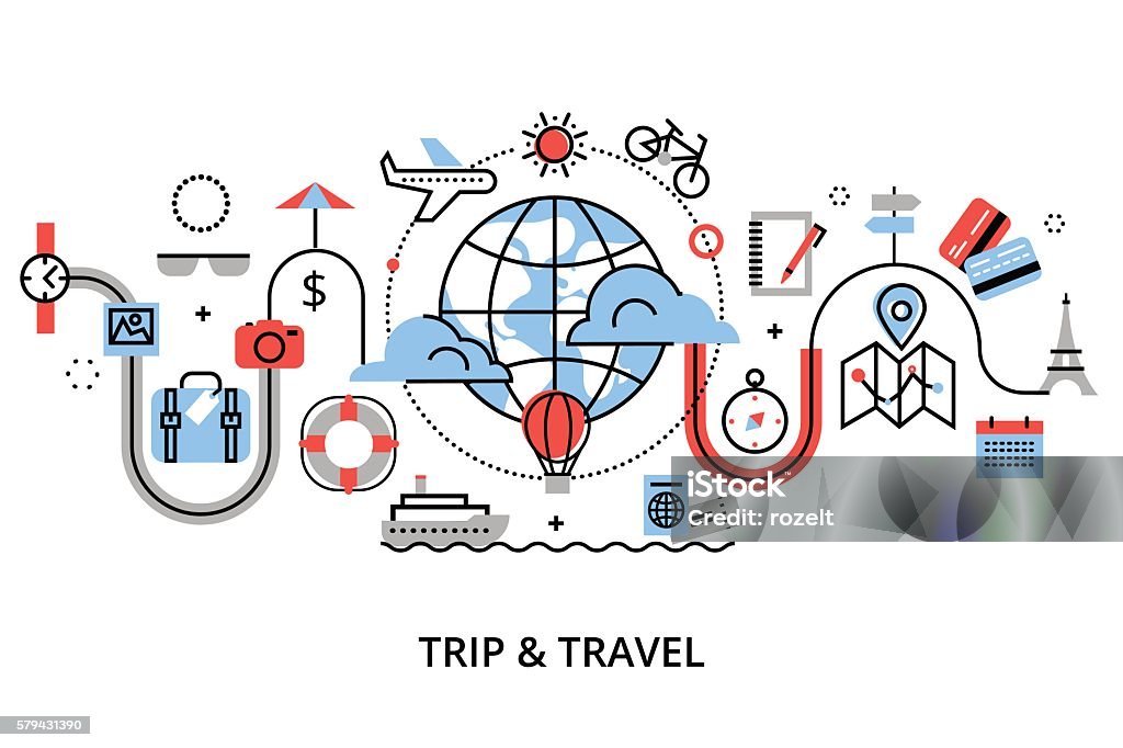 Concept of travelling around the world Modern flat thin line design vector illustration, concept of travelling around the world, journey and trip to other countries, for graphic and web design Travel stock vector