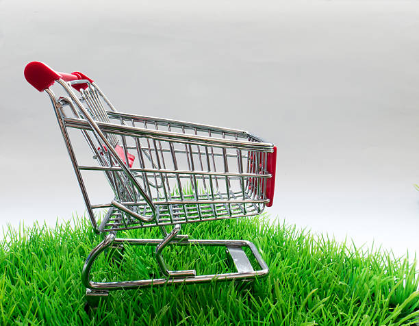 istock shopping trolley on a green lawn and a white background 579432362