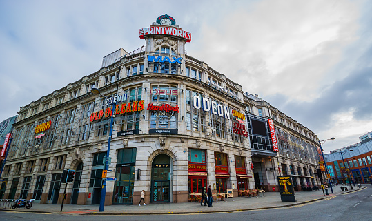Manchester, United Kingdom - March 14, 2009: Wide view of 'The Printworks', an urban entertainment venue in Manchester, UK