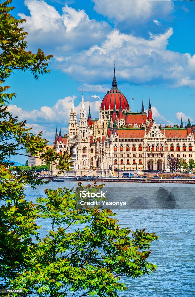 Hungarian parliament building in budapest Hungarian parliament building at danube river in budapest city hungary blue sky with clouds and green tree leaves Budapest Stock Photo