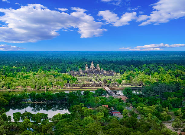 Aerial view of Angkor Wat Temple, Cambodia Aerial view of Angkor Wat Temple, Siem Reap, Cambodia, Southeast Asia. UNESCO World Heritage Site. angkor stock pictures, royalty-free photos & images
