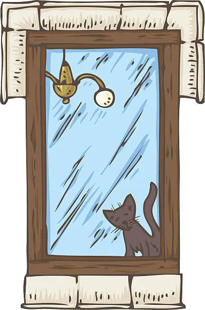 Vector illustration of Wooden Window with Black Cat on a Windowsill