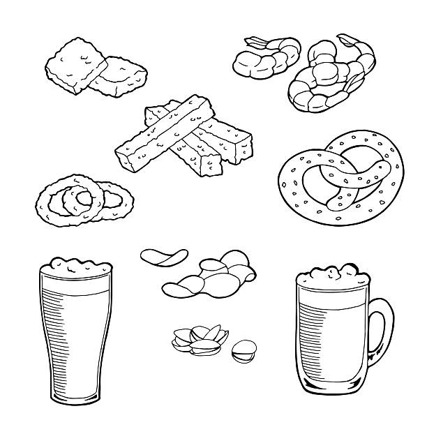 bier snack grafik set schwarz weiß isoliert illustration vektor - beer nuts food isolated white stock-grafiken, -clipart, -cartoons und -symbole